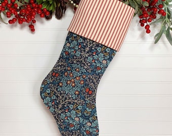 Indigo Blue William Morris "Blackthorn" Christmas Stocking with Red & Cream Ticking Cuff | 19th Century  Design | Nature Theme Holidays