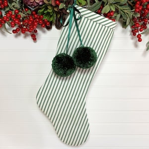 Green Ticking Christmas Stocking with Fluffy Pom Poms Cozy Flannel Lining Farmhouse, Rustic, Cottage, Country Holidays image 1