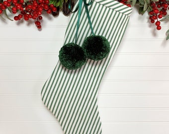 Green Ticking Christmas Stocking with Fluffy Pom Poms | Cozy Flannel Lining | Farmhouse, Rustic, Cottage, Country Holidays