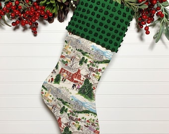 Folk Art Holiday Stocking | Grandma Moses "Deep Snow" Vintage Barkcloth | Green Vintage Chenille Cuff | Farmhouse, Cottagecore Holidays