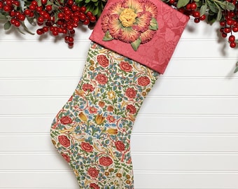 Roses, Tulips and Little Birds William Morris Fabric Christmas Stocking | Damask Cuff with Vintage Style Ribbon Flowers | Art Nouveau Design