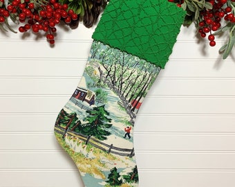 Grandma Moses Vintage Barkcloth Christmas Stocking with Green Vintage Chenille Cuff | Snowy Woodland Stocking | Folk Art Holidays