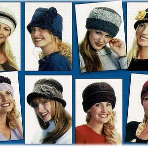 Puede incluir: Un collage de diez mujeres diferentes que llevan diferentes sombreros de ganchillo. Los sombreros son de varios colores y estilos, incluyendo un sombrero cloche, un gorro y una boina.