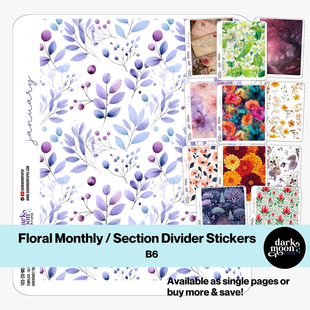 Floral Monthly Cover Stickers - Planner Section Dividers - B6 Size ...