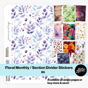 May include: B6-sized floral monthly and section divider stickers. The stickers showcase watercolour floral designs in purple, blue, and white. The word "January" is visible on the left side. Available as single pages or in bulk. The brand name is Dark Moon Paper.