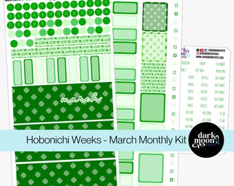 Hobonichi Weeks March Monthly Kit - LUCKY CLOVERS - St Patrick's Day Green Shamrock Irish Celtic Knot Planner Stickers - 203-30-M
