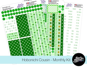 Hobonichi Cousin (A5) Monthly Kit - LUCKY CLOVERS - St Patrick's Day Green Shamrock Irish Celtic Knot Planner Stickers - 203-40-M