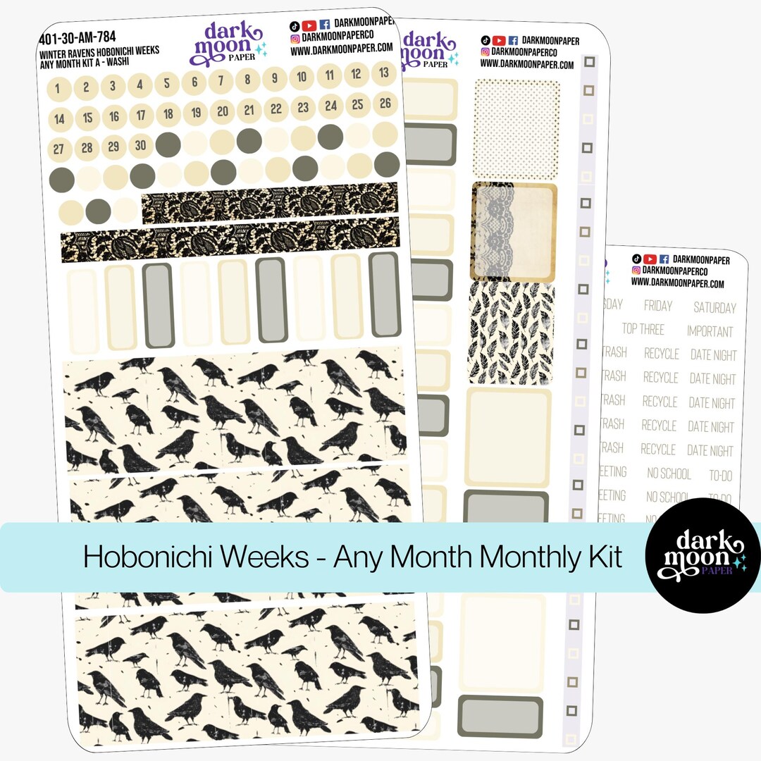 Hobonichi Weeks Any Month Monthly Kit - Winter Ravens - Matte Stickers ...