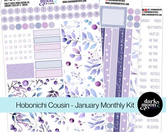 Hobonichi Cousin (A5) January Monthly Kit - Violet Frost - Planner Calendar Page Stickers - Matte Stickers on White - 301-40-M