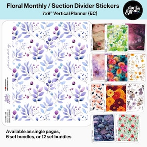 May include: Floral monthly and section divider stickers for a 7x9 inch vertical planner. The main sticker features a watercolor design with lavender leaves and purple berries. Additional stickers showcase various floral and nature-themed designs.