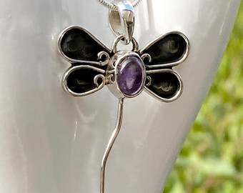 Dragonfly Pendant Amethyst | 925 Sterling Silver Pendant Necklace | Artisan Hand Crafted Silver Pendant | 8x6mm Oval Amethyst Gemstone