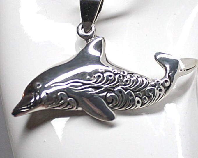 Smiling Dolphin Sterling Silver Pendant Necklace on 16 Inch Chain Women Men Teen Animal Pendant Designer Jewelry Sealife Ocean Beach Design