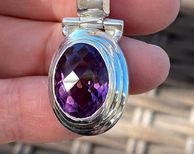 Amethyst Cushion-cut 14 mm x 10 mm Oval SLIDE Pendant 925 Sterling Silver - Wear on A Pearl or Chain Necklace - Complimentary Chain Included