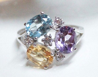 SIZE 6 or 7 Blue Topaz, Citrine, Amethyst Gemstone Ring, Quality Sterling Silver Ring with Faceted Oval Gemstones, Accent Stones
