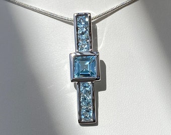Sky Blue Topaz Square-Cut Larger Size 1.5" Tall Pendant - Sterling Silver Designer - December Birthstone - Year 4 Anniversary Gemstone