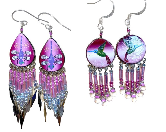 Earrings Hand-painted Dragonfly or Hummingbird | Crystal Bead Dangle Boho Peruvian Earrings | Sterling Silver Earwires