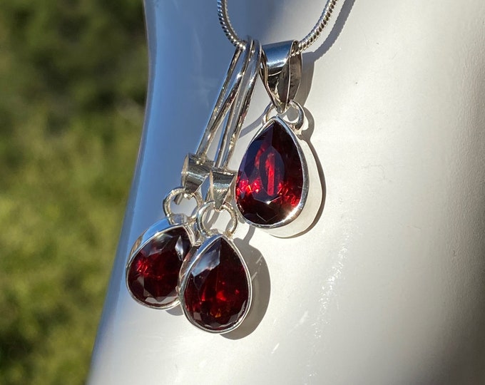 Pear Cut GARNET Gemstone Earrings and Pendant or Set Handcrafted in 925 Sterling Silver - January Birthstone, Wedding, Bridesmaids Jewelry
