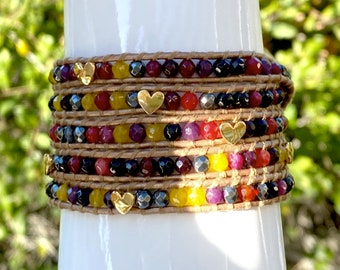 Hematite and Red, Wine, Yellow Agate 5x Wrap Bracelet, Gold Heart Beads, Quality Bronze Leather, Hand-sewn Bracelet Fits Up to Plus Size