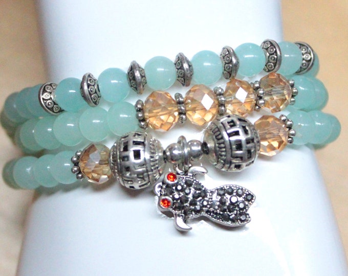 Koi Bracelet - Darling Koi Fish Charm Teal Blue Agate Bead Stretch Bracelet with Crystal Fish Charm - Wear As A Necklace or 3x Wrap Bracelet