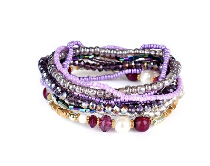 Purple Pink Bead Multi Strand Bracelet - 10 separate bracelets to stack - wear one or all - bracelet gift for women, teens, girls
