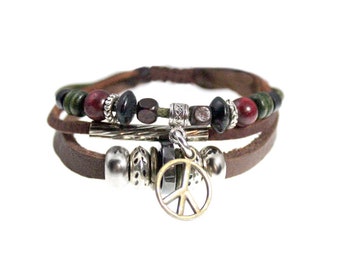 PEACE Sign Genuine Leather Zen Bracelet, Handmade Beaded Bracelet Adjustable, Fits All Sizes