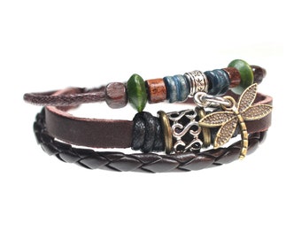 Dragonfly Leather Bracelet | Multi-strand Genuine Leather | Hand-crafted Jewelry | Boho Bead Bracelet | Men, Women, Teens, Boys, Girls Gift