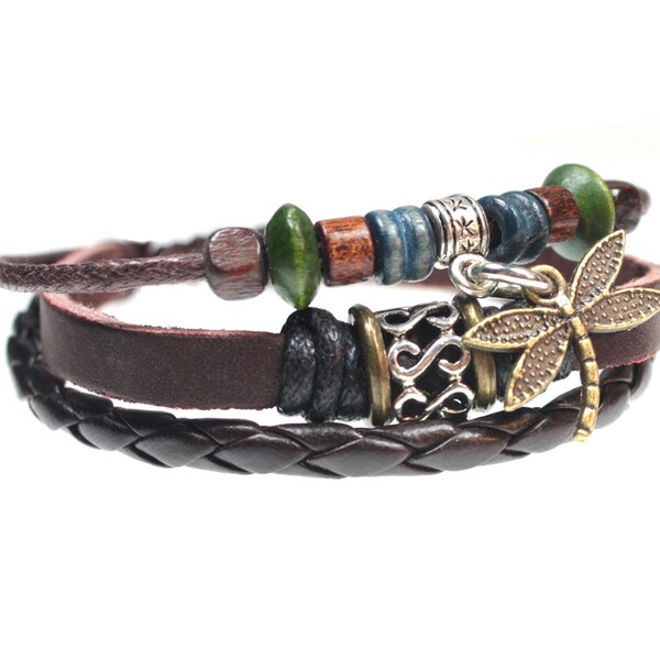 Dragonfly Leather Bracelet | Multi-strand Genuine Leather | Hand-crafted Jewelry | Boho Bead Bracelet | Men, Women, Teens, Boys, Girls Gift