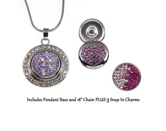 Purple Pink Mix Crystal Snap Charm Necklace and Three Sparkling Snap On Crystal Charms - chunk buttons - ginger snaps - noosa style charms