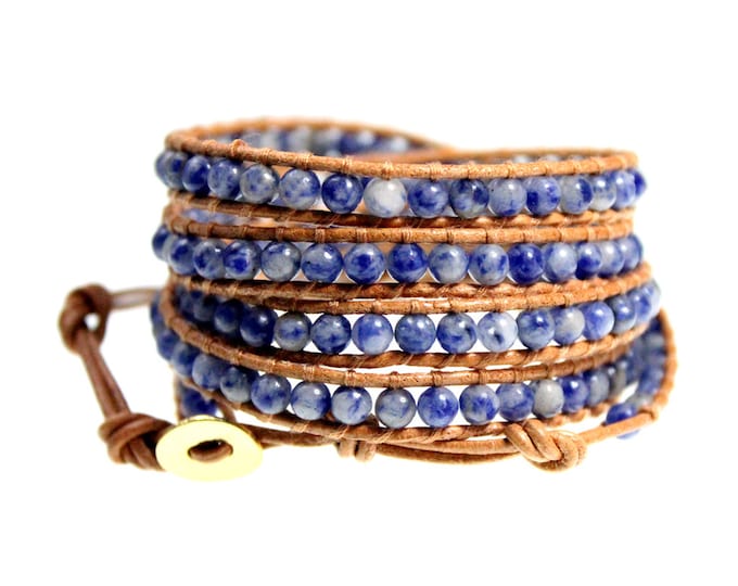 Navy Blue and White Agate Beads 5x Wrap Bracelet on Natural Tan Leather Hand Crafted Extra Long Fits Up To Plus Size Wrists