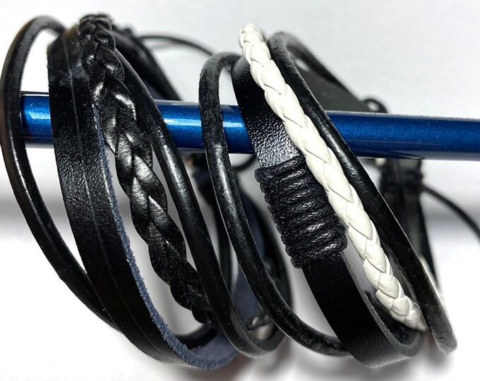 Black OR Black and White Braided Leather Bracelet, Adjustable Pull Drawstring, Buy One or Save on Both
