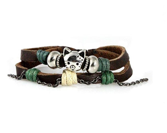 Darling Cat Kitty Face Leather Bracelet Quality Leather with Our Unique Adjustable Drawstring Zen Bracelet for Women, Boys, Girls, Gift Box