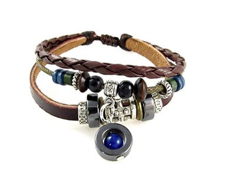 Leather Bracelet, CHOOSE your Charm | Quality Hand-made 3-Strand Zen Bracelet, Om, Star, Leaf, Tree, Moon, Heart, Peace, Lotus, Tree of Life