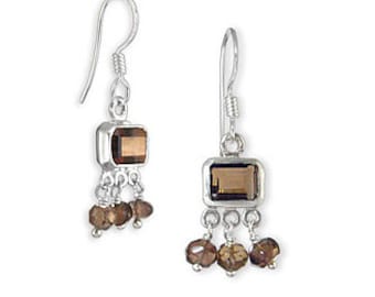 Smoky Topaz Sterling Silver Earrings | 925 Sterling Silver Earrings | Petite Emerald Cut Gemstone and Bead Dangle Earrings | Gift for Her
