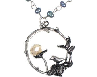 Super Cute Bird Pendant Necklace on 16" Freshwater Pearl Chain with Extender