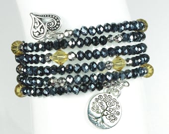 Black Beaded Triple Wrap Bracelet with Ornate Heart and Tree of Life Charms - Exclusively from Beautiful Silver Jewelry