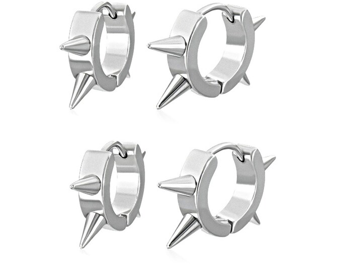 Pointy Spike Stud Huggie Hoop Earrings in Quality Stainless Steel, 2 Pair, Four Earrings for Men, Women, Unisex Post Earrings