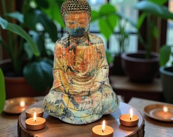 Colorful Buddha Statue: Zen Meditation Decor, Boho Altar Figurine