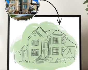May include: A framed black and white line drawing of a house with a green watercolor wash background. A smaller circular image of the house is in the upper left corner. The text "Ready in 6 hrs" is at the bottom.