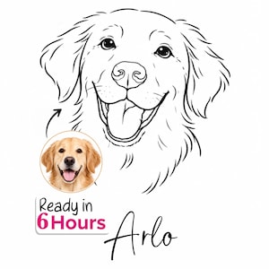以下が含まれることがあります： 口を開けたゴールデンレトリバーの顔の白黒線画イラスト。同じ犬の小さな円形のカラー写真が添えられており、矢印が図面を指しています。テキストには「Ready in 6 Hours Arlo」と書かれています。