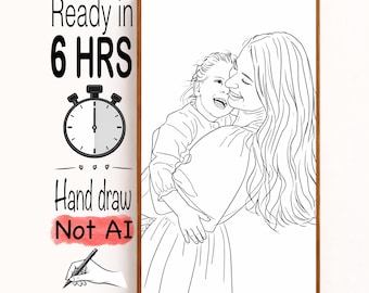 May include: A black and white line art portrait of a mother and child embracing, framed in a brown wooden frame. The image includes text that reads "Ready in 6 HRS", "Hand draw", and "Not AI". A stopwatch graphic is also included.