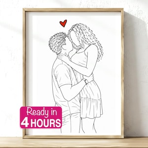 May include: A framed line art illustration of a couple embracing, with the person on the left wearing a t-shirt and the person on the right wearing a dress with curly hair. A small red heart is above them. A pink label reads Ready in 4 HOURS.