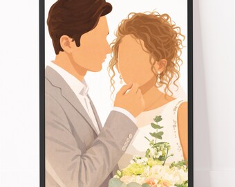 Wedding Faceless Portrait - Loved One Portrait, Engagement Drawing, Modern Wall Art