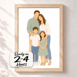 May include: A framed digital illustration of a family of four with faceless features. The group includes two adults and two children standing together. A white rectangular label in the corner displays the black text Ready in 2-4 Hours.
