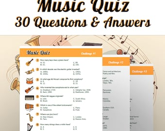 Muziekquiz, 30 vragen en antwoorden. Afdrukbare muziekquiz. Partyspel voor alle leeftijden. Trivia Night, Binnenspellen voor volwassenen | Muzikale quiz