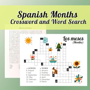 May include: A Spanish language crossword and word search puzzle featuring the months of the year. The puzzle includes colourful illustrations of a snowflake, a Christmas tree, a pumpkin, a boat, a sunflower, and a flower.