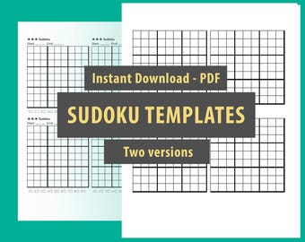 May include: Two printable Sudoku templates in black and white. The templates are labeled "Sudoku" with "Start" and "End" lines. The text "Instant Download - PDF" and "Sudoku Templates" is in a gray box with yellow text. The text "Two versions" is in a gray box with white text.