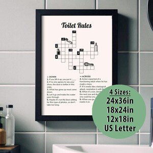 A bathroom game to not let anyone get bored in your bathroom with this crossword puzzle about toilet rules. A funny bathroom decoration that reminds everyone to wash their hands, replace the paper... and seven basic rules. This easy crossword game is a great way to reinforce good hygiene habits while adding a decorative touch.

Download, print this toilet poster and decorate your guest bathroom today.