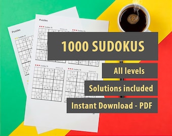 Op de afbeelding: Een set van 1000 Sudoku-puzzels, gedrukt op wit papier. De puzzels zijn gerangschikt in kolommen met de titel "Puzzles" bovenaan elke kolom. De tekst "1000 SUDOKUS" staat in grote gele letters bovenaan de afbeelding. Onder de puzzels bevinden zich drie grijze vakken met de tekst "Alle niveaus", "Oplossingen inbegrepen" en "Direct downloaden - PDF".
