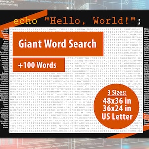 Giant Word Search for Software Developers – 111 Coding-Related Words. Printable PDF, Instant download, 3 Sizes (48x36 inch) Big Find Word
