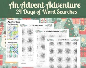 以下が含まれることがあります： 「An Advent Adventure 24 Days of Word Searches」のテキストが入ったアドベントカレンダー。画像には単語検索パズルと解答キーがあり、お祭りの楽しみに最適です。デザインにはクリスマスをテーマにしたイラストが含まれています。